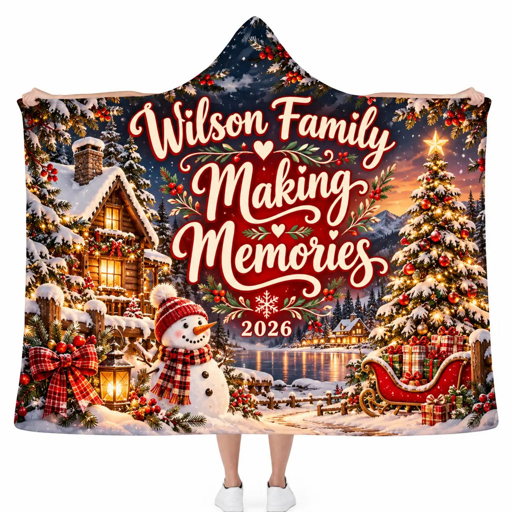 Personalized Family Making Memories Hooded Blanket, Custom Christmas Cabin Gift