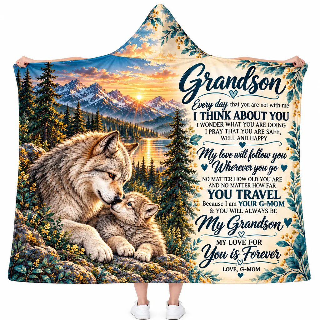 To My Grandson Hooded Blanket, Wolf Mountain Sunset Love G-Mom Keepsake Gift
