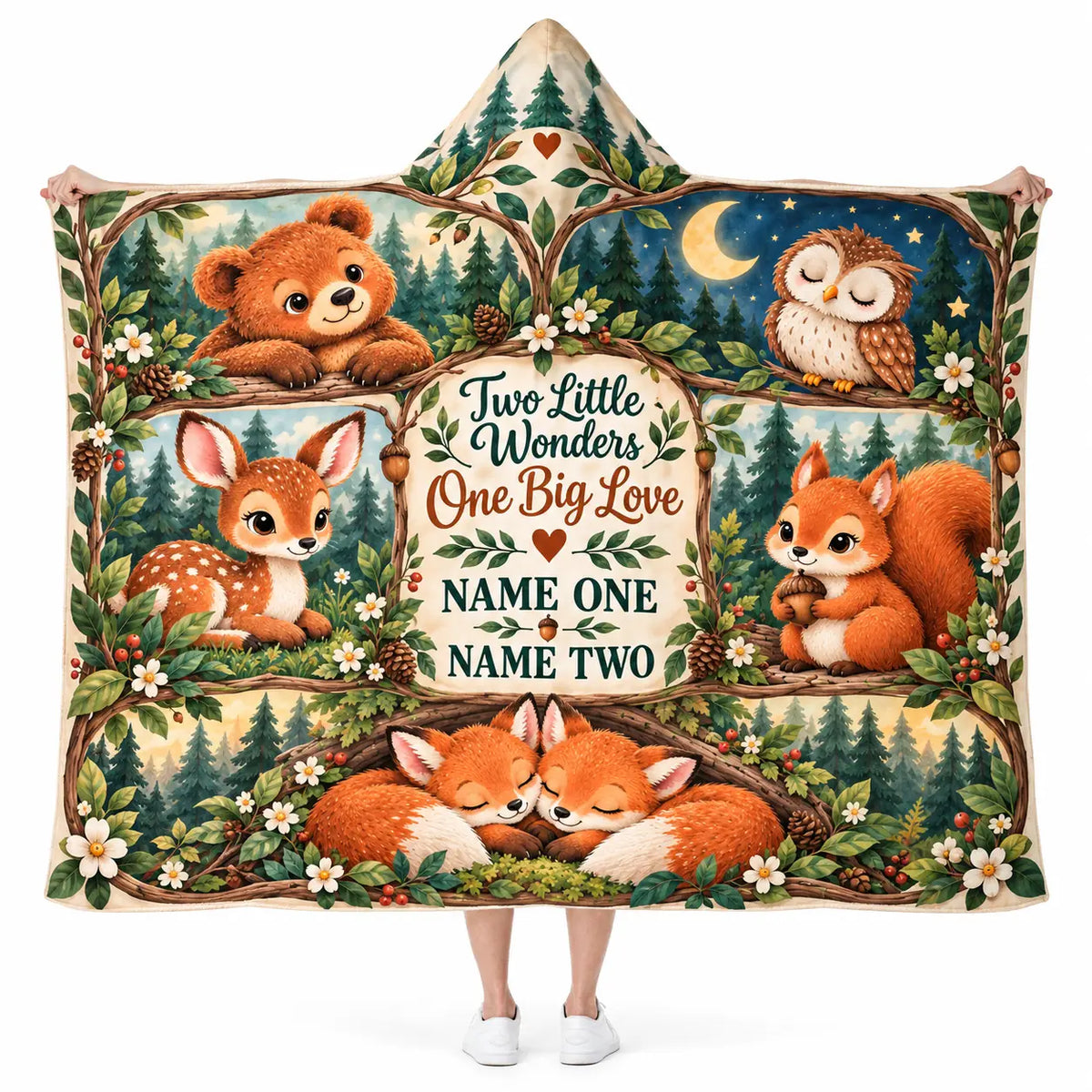 Personalized Two Little Wonders Hooded Blanket, Woodland Twins Sibling Gift