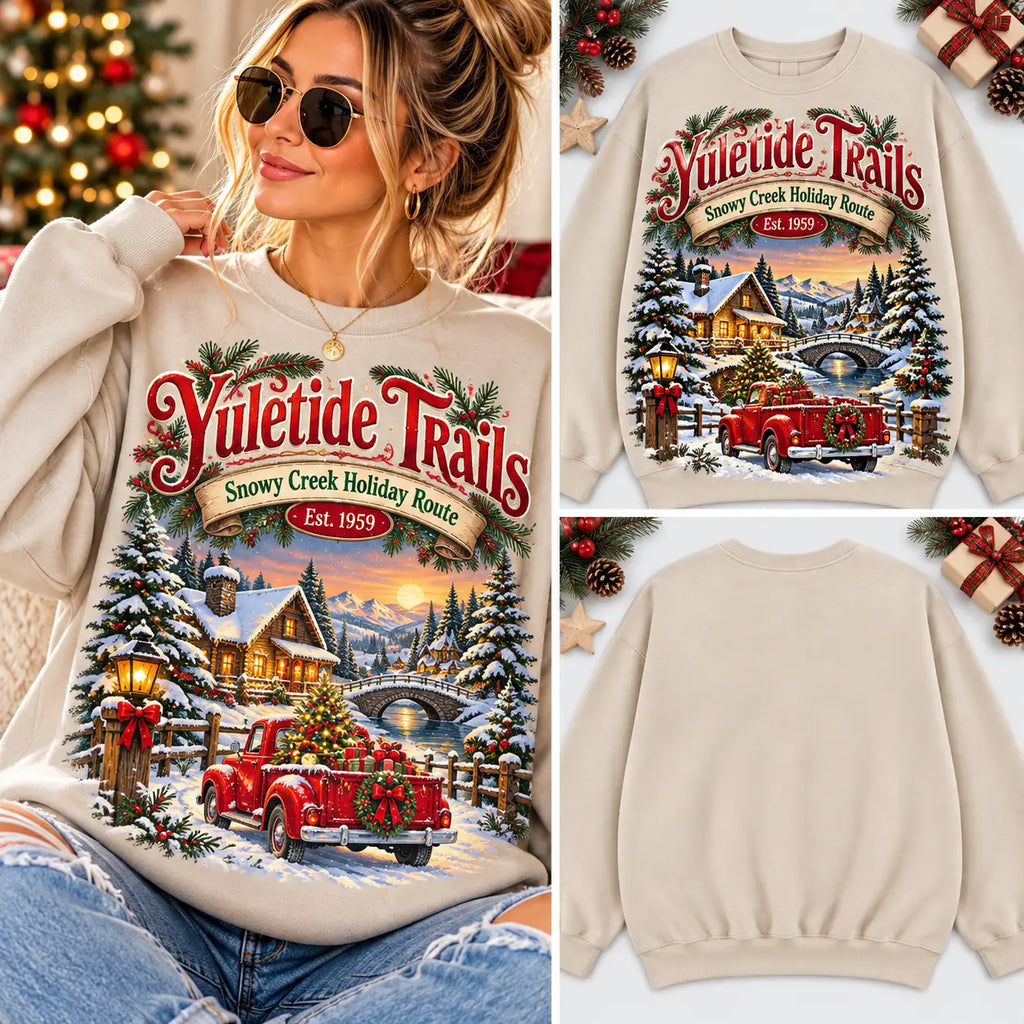 Retro Yuletide Trails Snowy Creek Beige Graphic Crewneck
