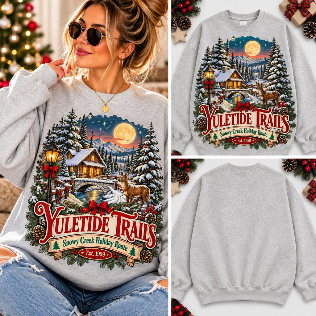 Retro Yuletide Trails Snowy Creek Ash Grey Graphic Sweatshirt