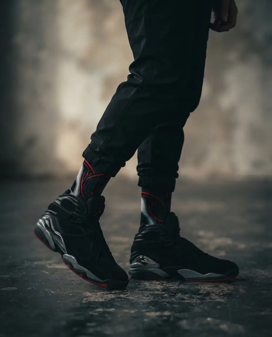 Bred Sneaker Match Socks – Air Jordan 8 Retro Inspired Mid-Cut Crew Socks