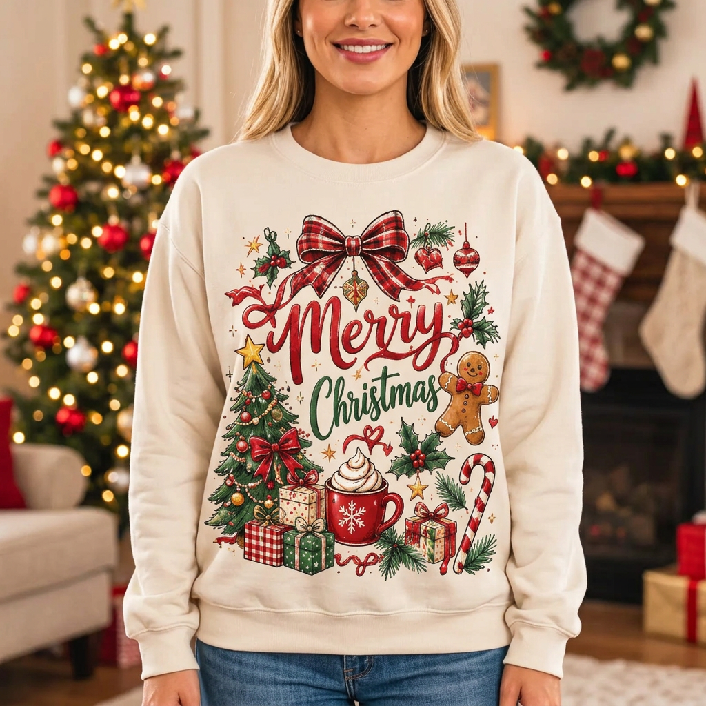 Female gingerbread and cocoa Christmas sweatshirt mockup