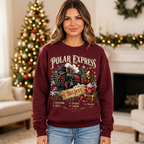 Female maroon Polar Express sweatshirt mockup