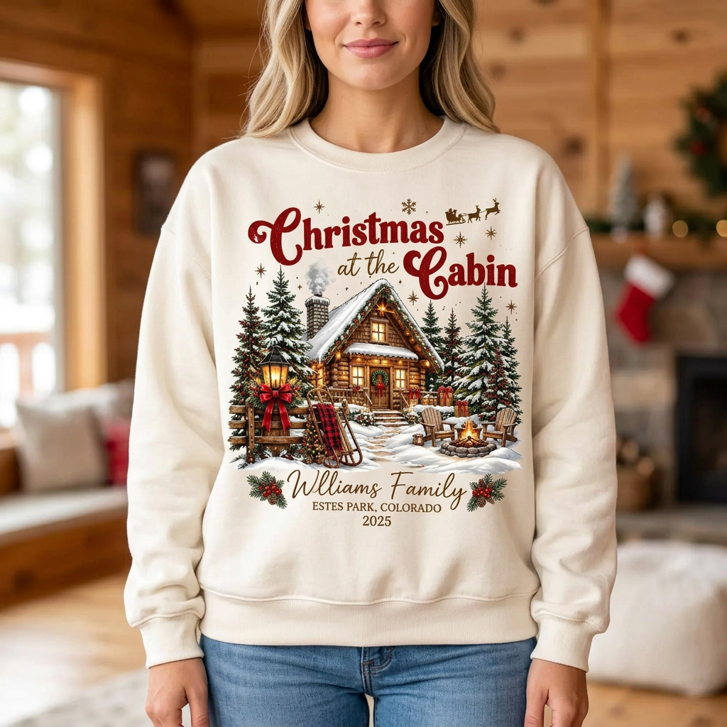 Female model wearing Christmas at the Cabin sweatshirt