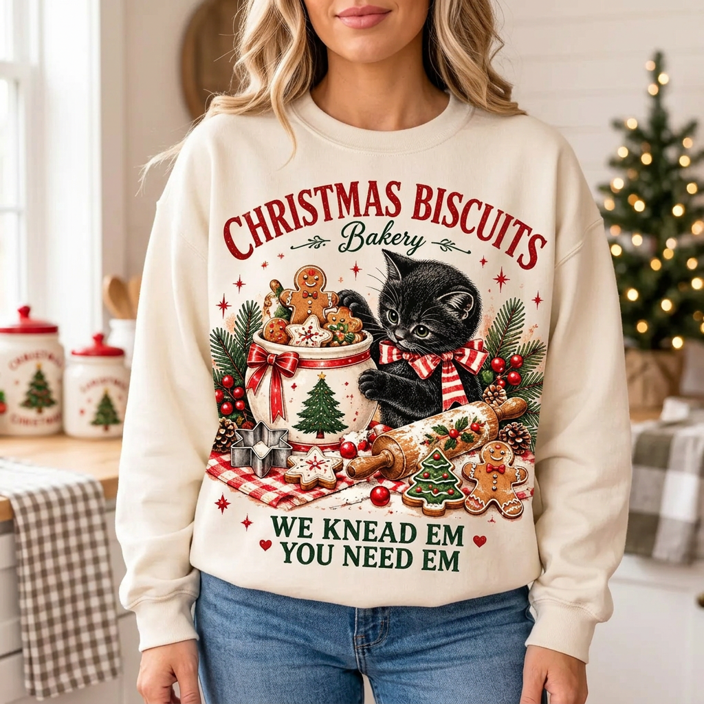 Female model wearing Christmas Biscuits Bakery sweatshirt
