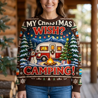 Female model wearing Christmas camping sweater