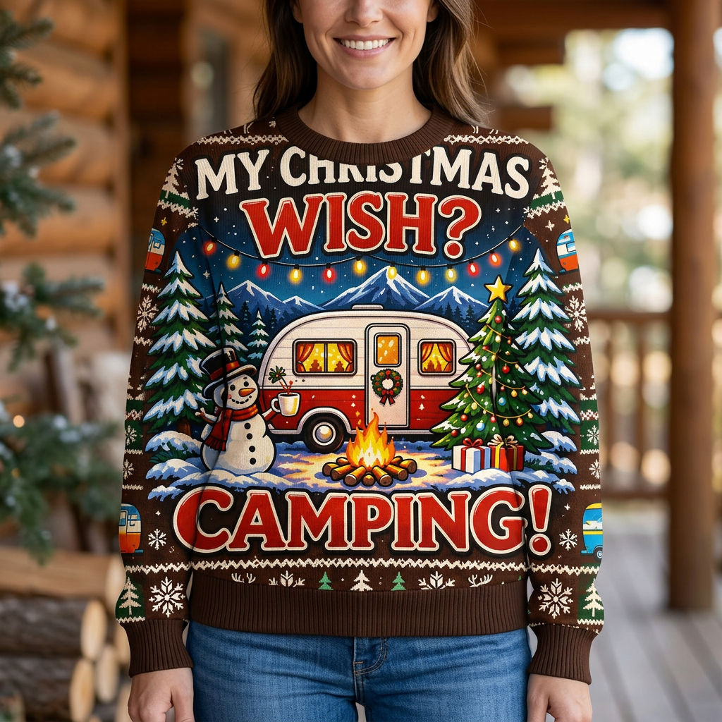 Female model wearing Christmas camping sweater