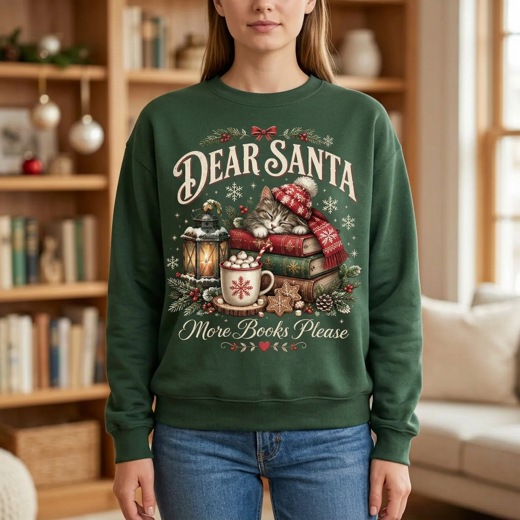 Female model wearing Dear Santa More Books Please sweatshirt