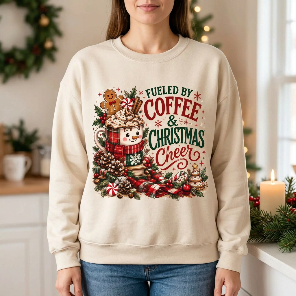 Female model wearing Fueled by Coffee and Christmas Cheer sweatshirt