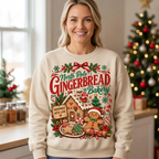 Female model wearing North Pole Gingerbread Bakery sweatshirt