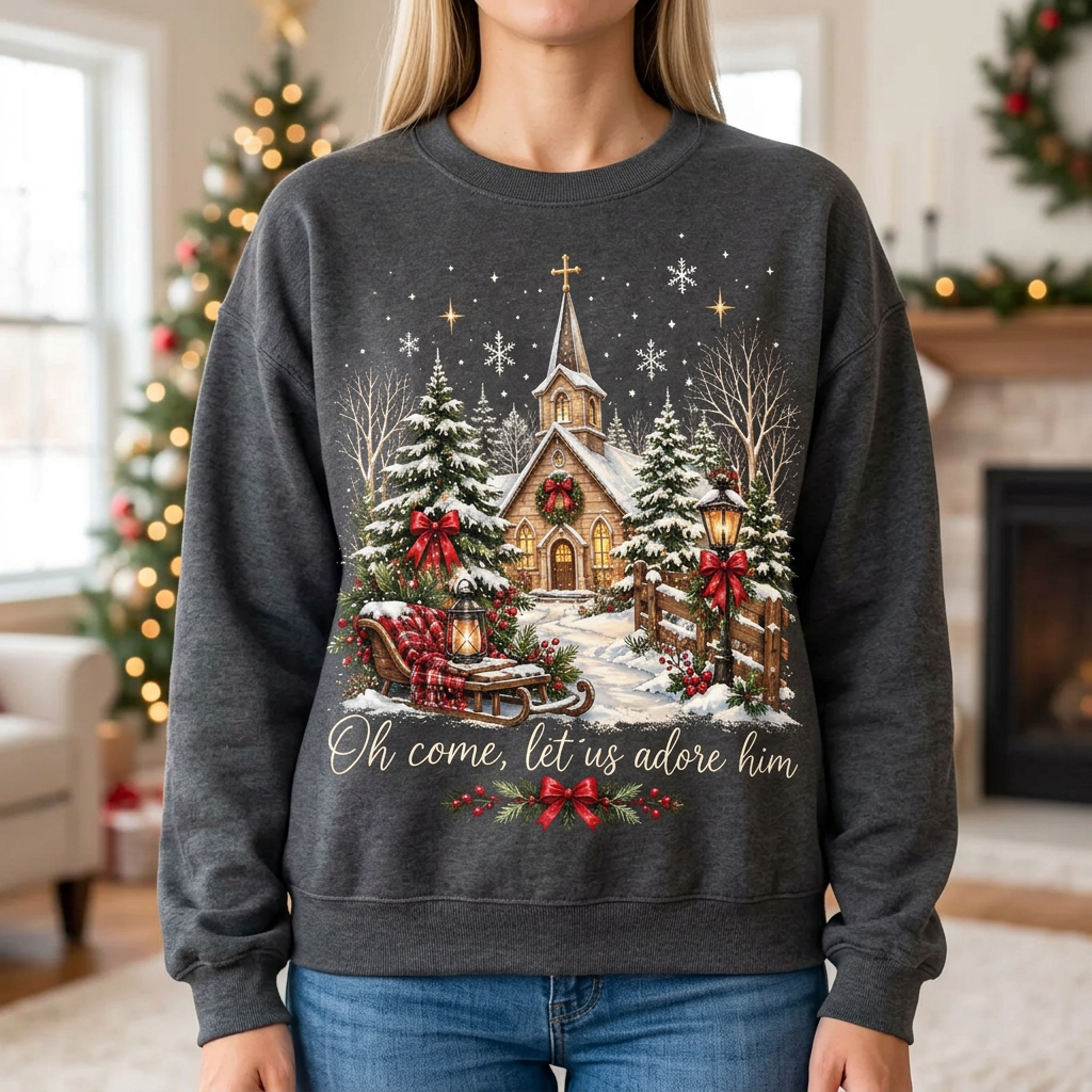 Female model wearing Oh Come Let Us Adore Him sweatshirt