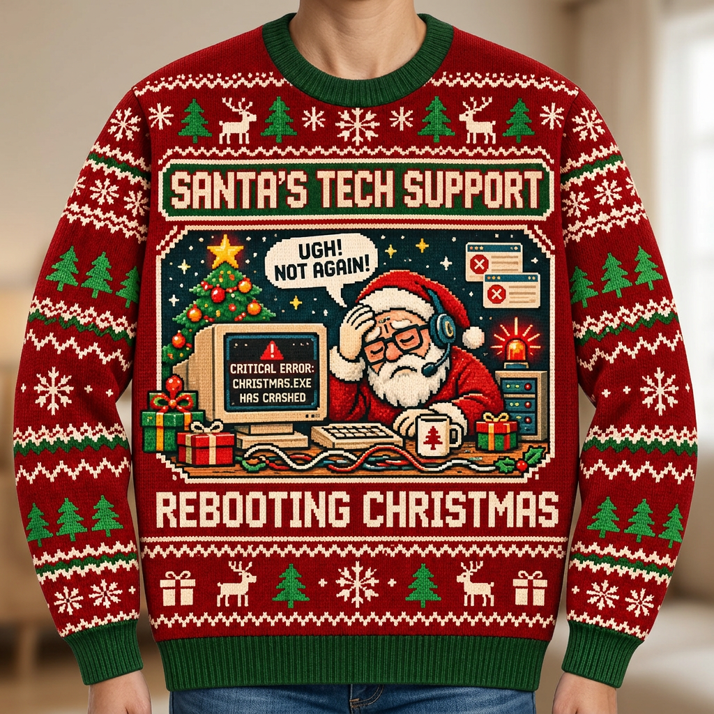 Female model wearing Santa’s Tech Support sweater