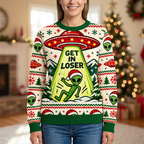 Female model wearing the alien UFO Christmas sweater