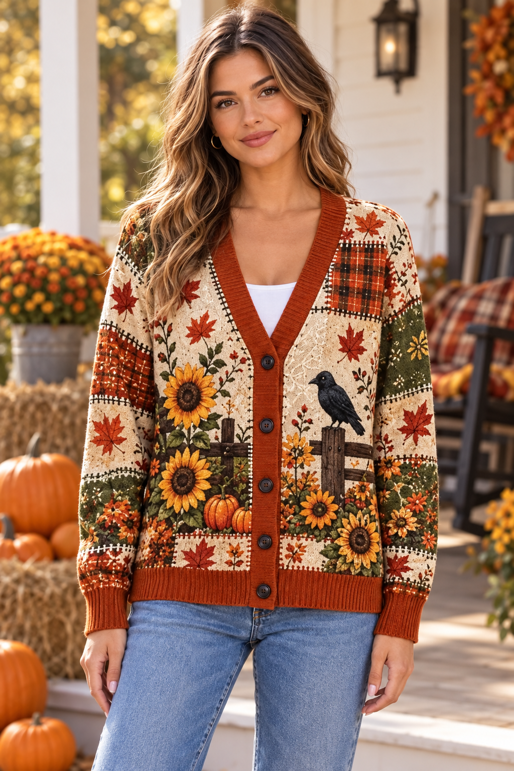Female model wearing the autumn cardigan