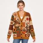 Female model wearing the autumn patchwork cardigan