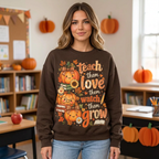 Female model wearing the autumn teacher sweatshirt