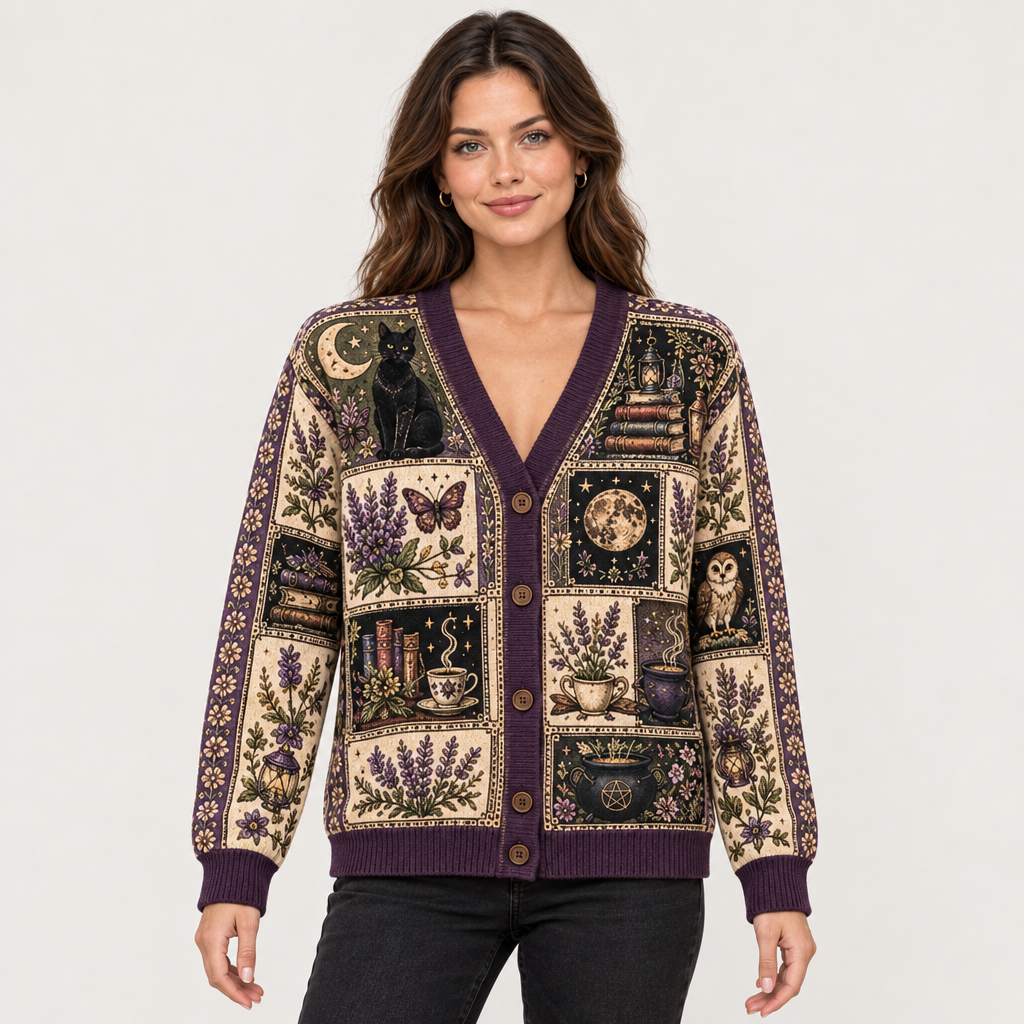 Female model wearing the Autumn Witchy cardigan