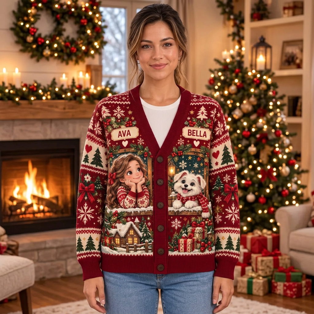 Female model wearing the Ava and Bella Christmas cardigan