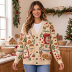 Female model wearing the baking-themed cardigan