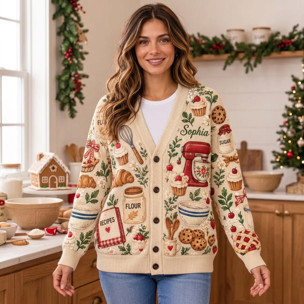 Female model wearing the baking-themed cardigan