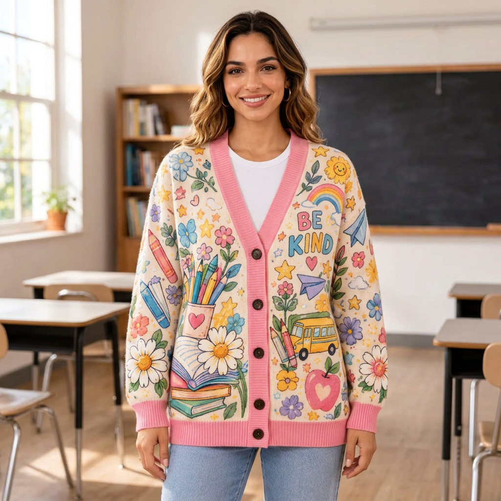 Female model wearing the Be Kind cardigan