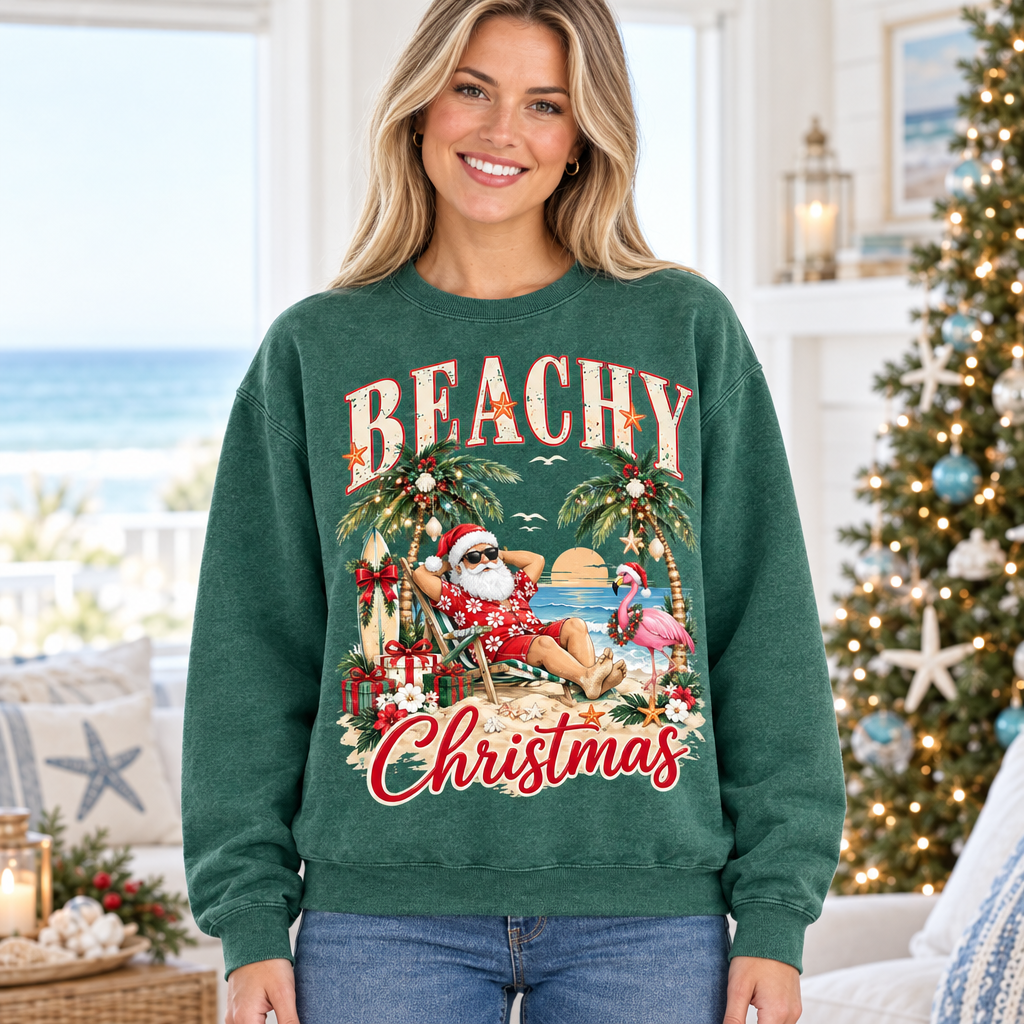 Female model wearing the Beachy Christmas sweatshirt