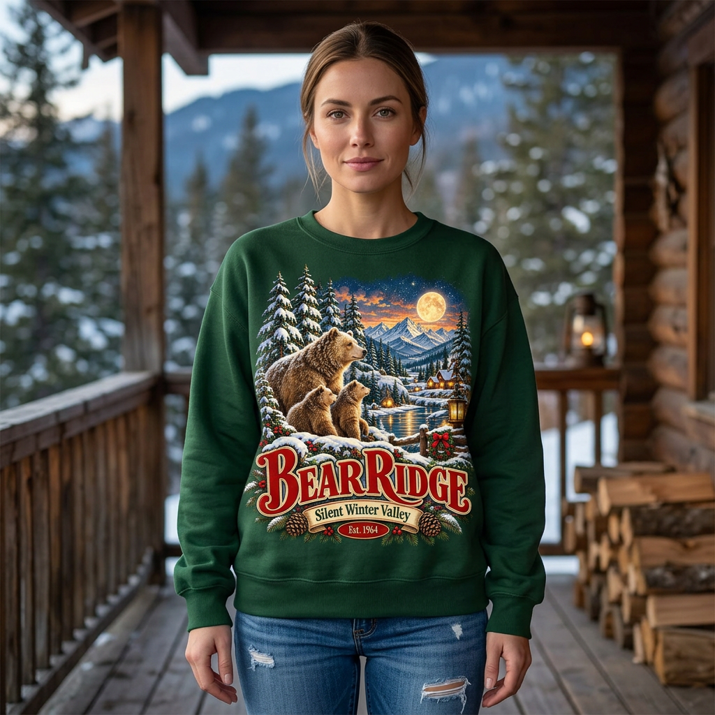 Female model wearing the Bear Ridge sweatshirt