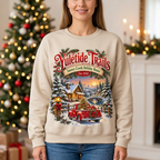 Female model wearing the beige Yuletide Trails sweatshirt
