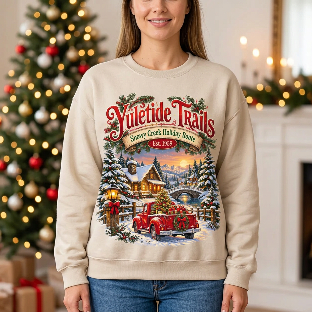 Female model wearing the beige Yuletide Trails sweatshirt