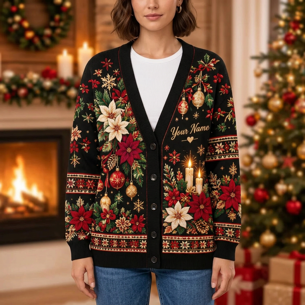 Female model wearing the black Christmas cardigan
