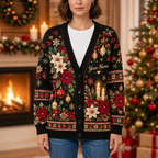 Female model wearing the black Christmas cardigan