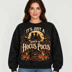 Female model wearing the black Hocus Pocus sweatshirt