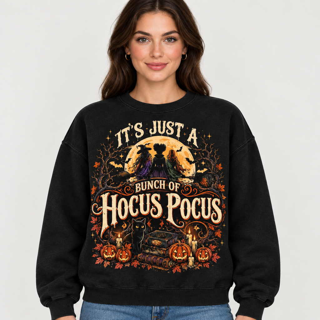 Female model wearing the black Hocus Pocus sweatshirt