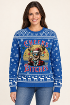Female model wearing the blue Cheers Bitches sweater