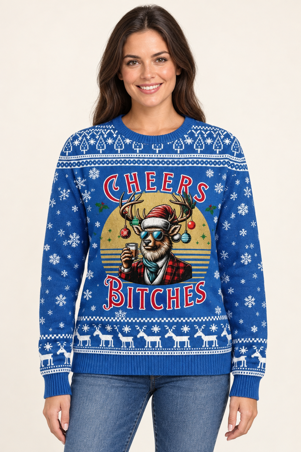 Female model wearing the blue Cheers Bitches sweater