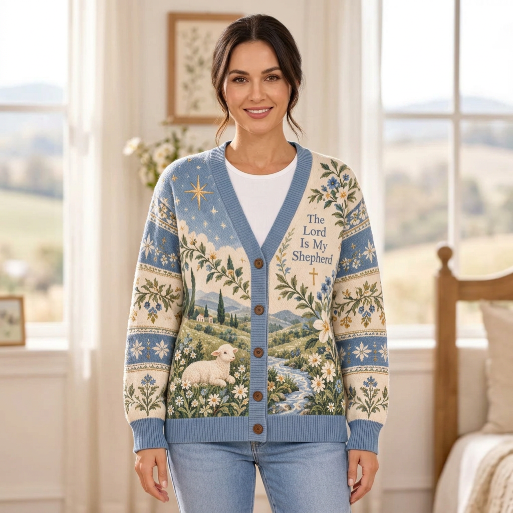 Female model wearing the blue Christian cardigan