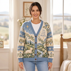 Female model wearing the blue Christian cardigan