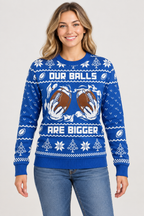 Female model wearing the blue football Christmas sweater