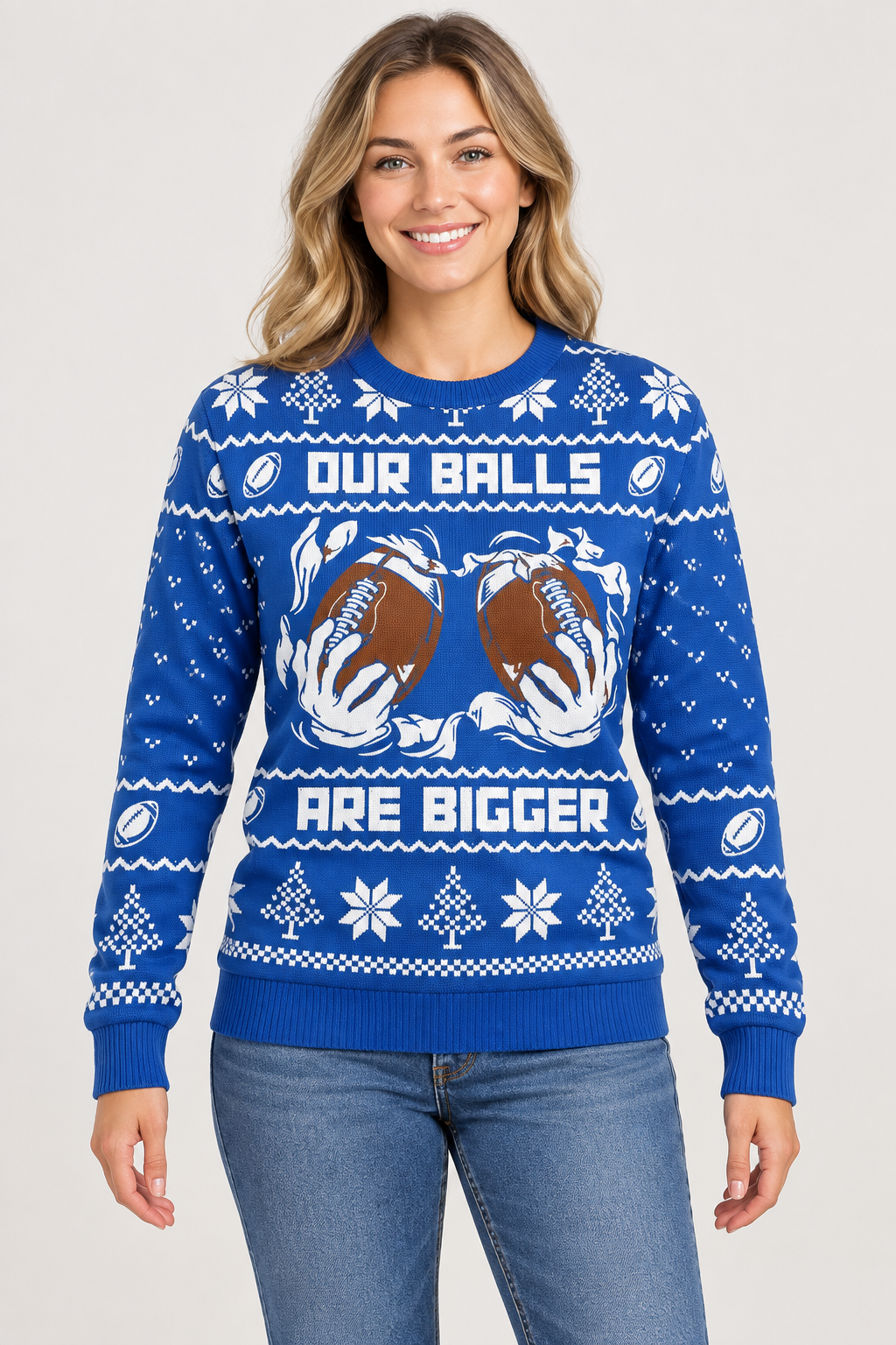 Female model wearing the blue football Christmas sweater