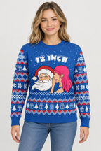 Female model wearing the blue Santa Christmas sweater