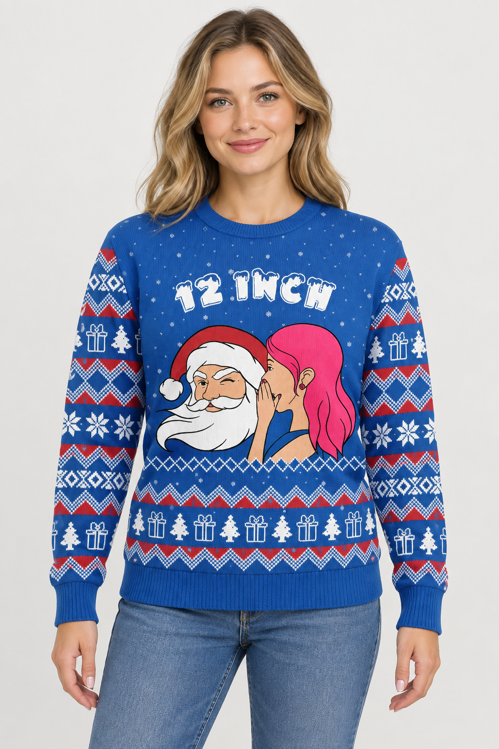 Female model wearing the blue Santa Christmas sweater