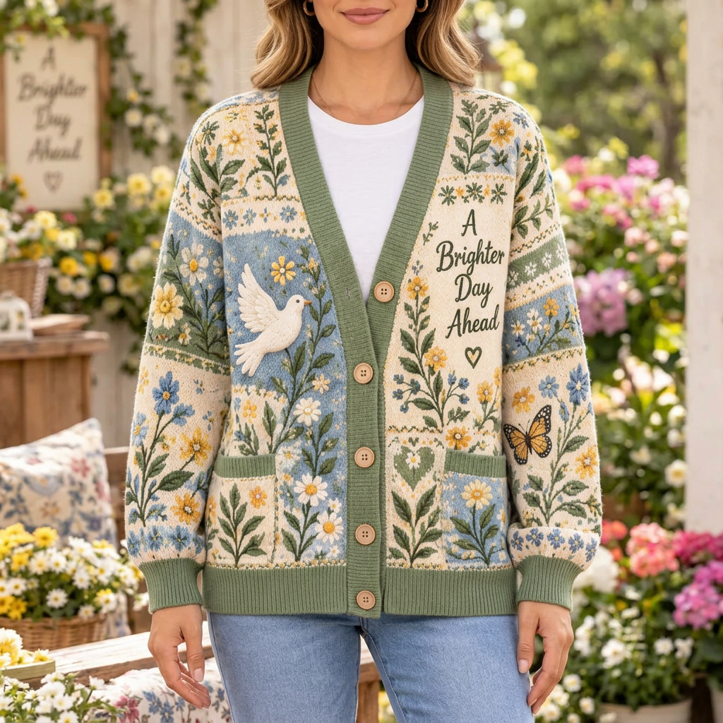 Female model wearing the Brighter Day Garden cardigan
