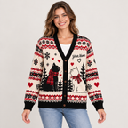 Female model wearing the cat-themed Christmas cardigan