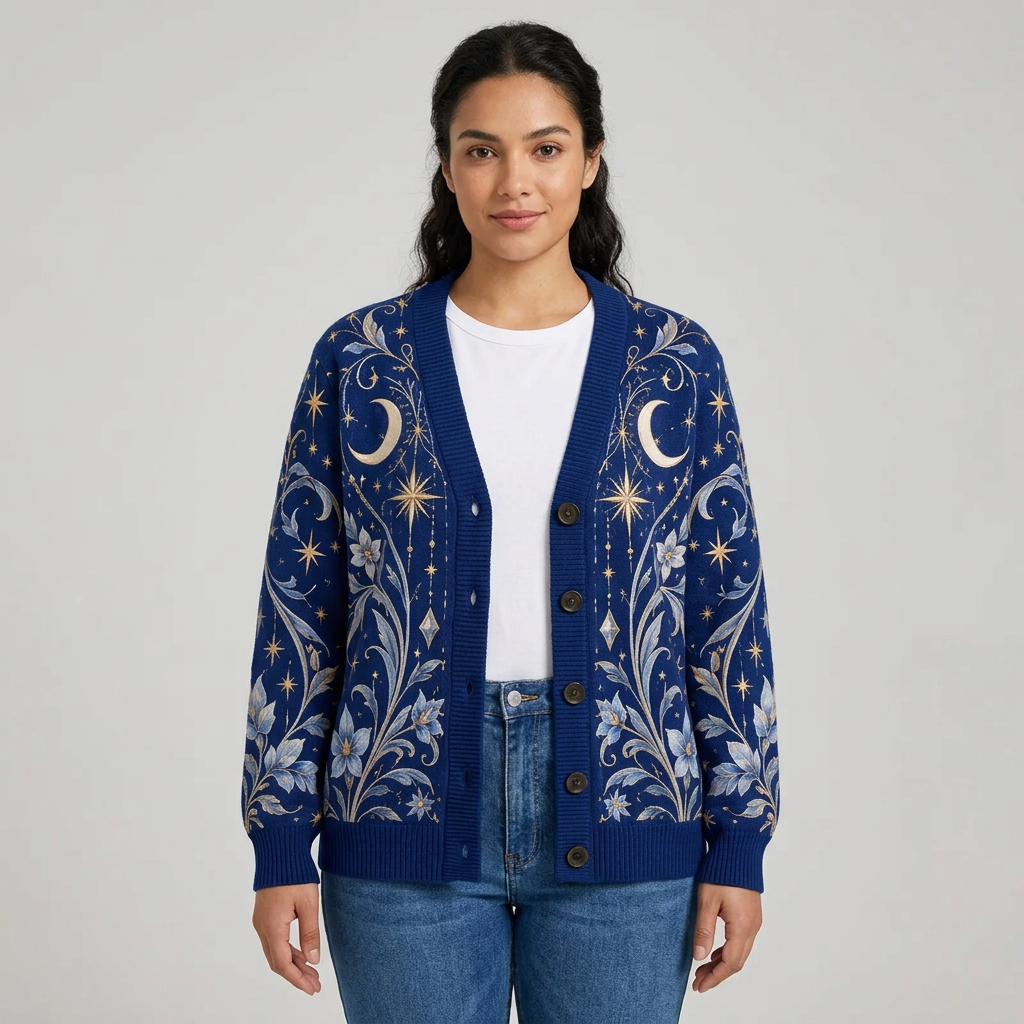 Female model wearing the celestial cardigan