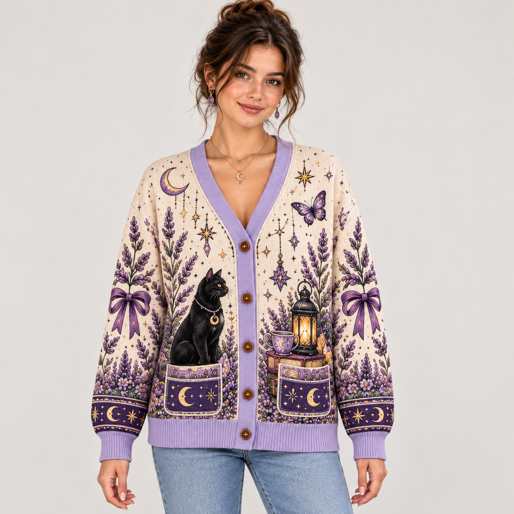 Female model wearing the Celestial Lavender cardigan