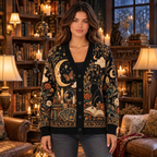 Female model wearing the celestial tarot and black cat cardigan