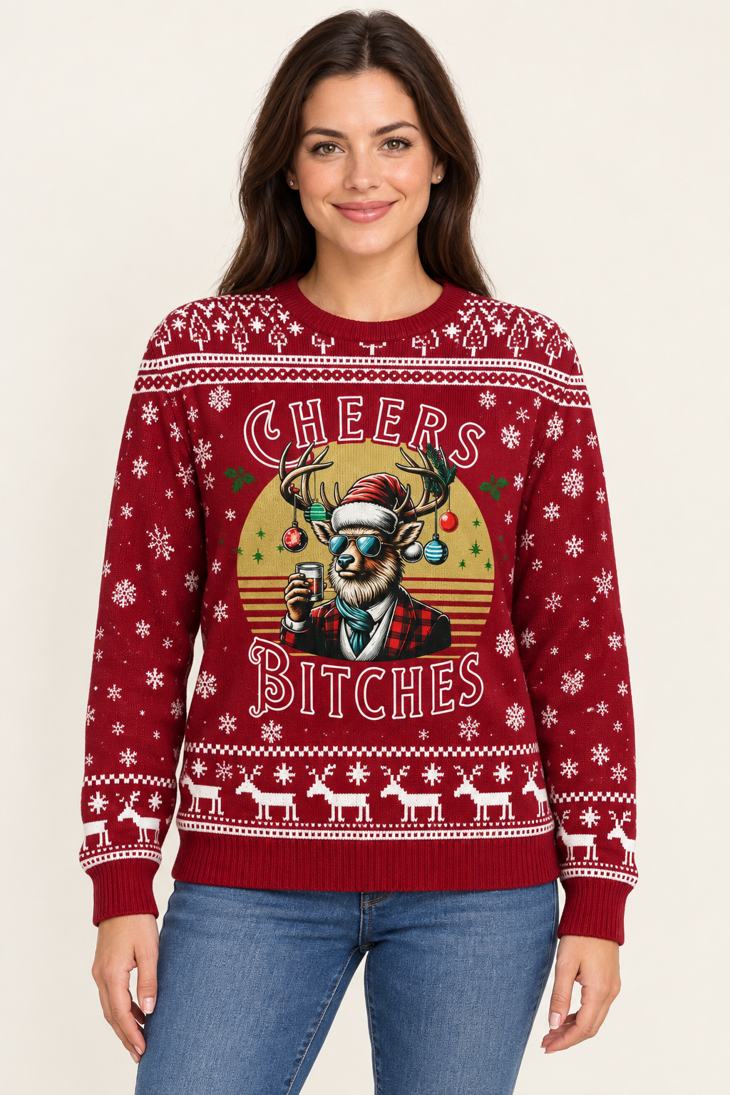 Female model wearing the Cheers Bitches sweater