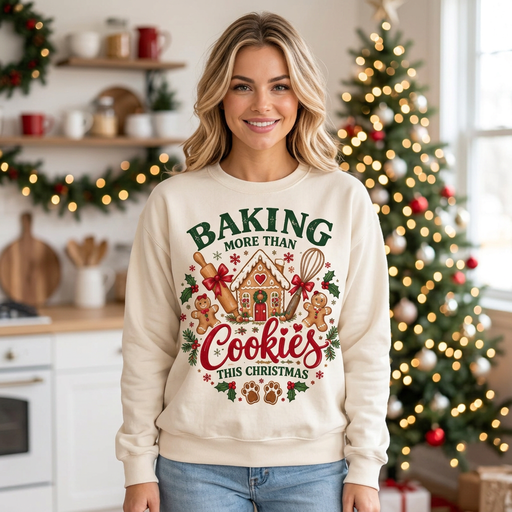 Female model wearing the Christmas baking sweatshirt