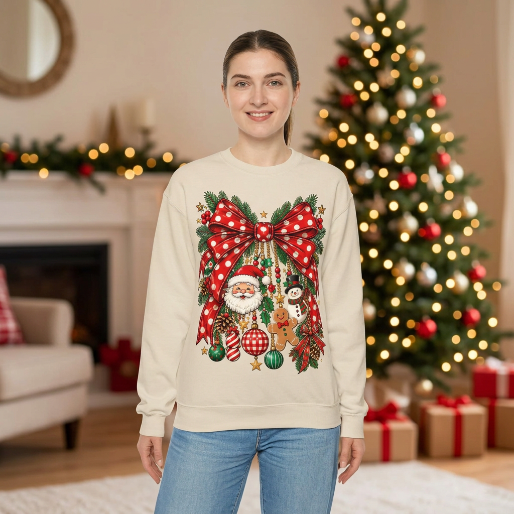 Female model wearing the Christmas bow sweatshirt